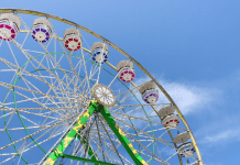ferris wheel against blue sky. Iowa State Fair. Des Moines Mom