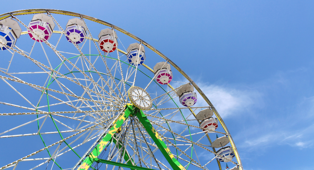ferris wheel against blue sky. Iowa State Fair. Des Moines Mom
