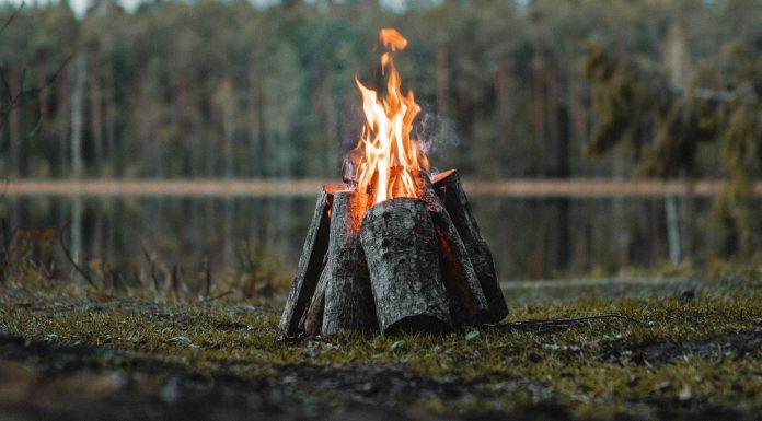 Fire on edge of lake