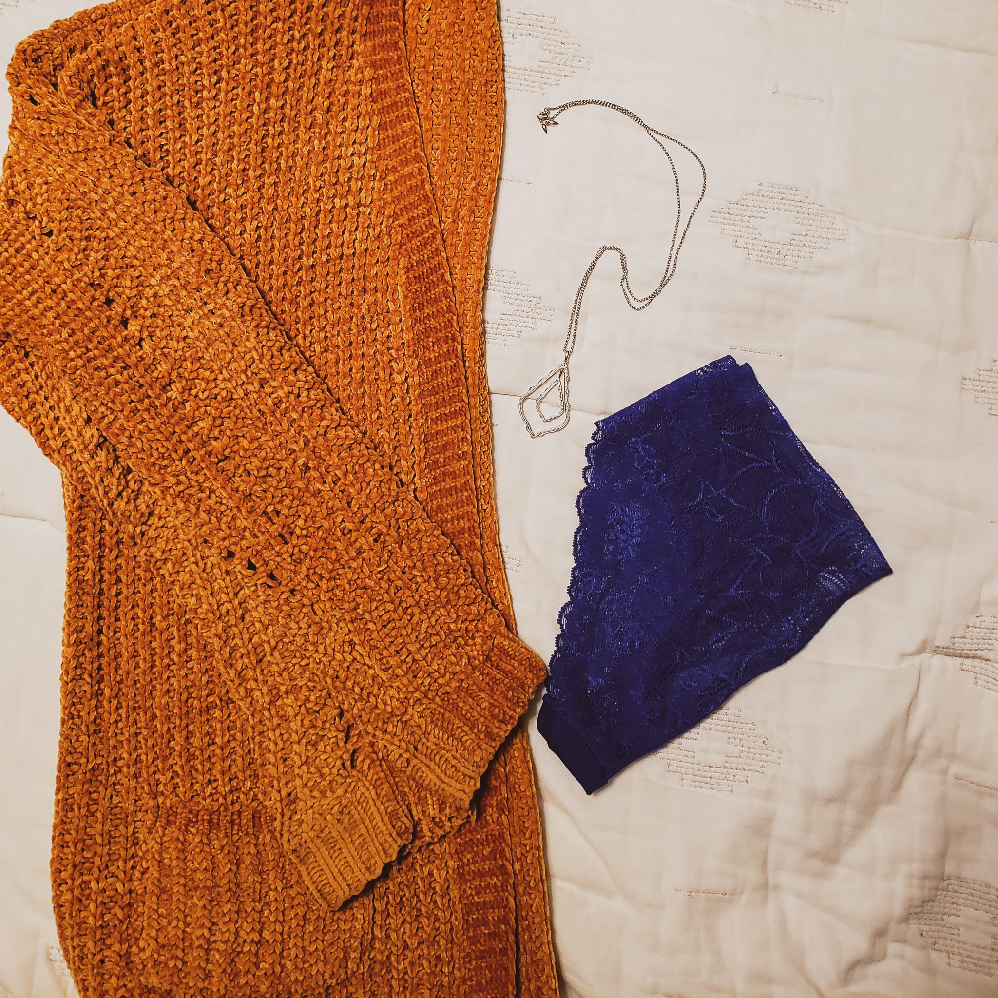 outfit example - yellow sweater and blue underwear