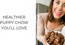 woman holding bowl of puppy chow - Des Moines Mom