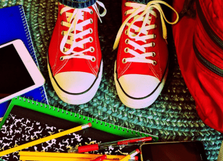 red shoes and school supplies. school anxiety. Des Moines Mom